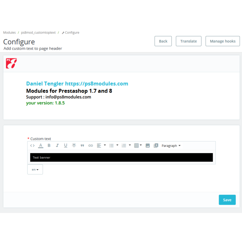 Prestashop module adds custom text to the page header.